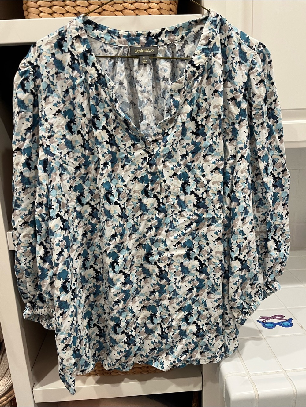 Style & Co. Blue and White Floral V-Neck Blouse